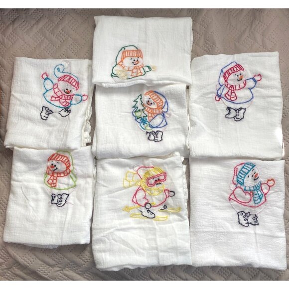 Set of 7 Hand-Embroidered Snowman Flour Sack Dish Towels 100% Cotton 28x28 - Picture 1 of 9